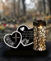 Solar LED Kerze XL Premium Souvenir Zwei silberne Herzen Allerheiligen