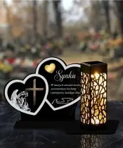 Znicz Solarny LED Na Pomnik Statuetka Dwa Serca Złote Zdobienie Serce 3D