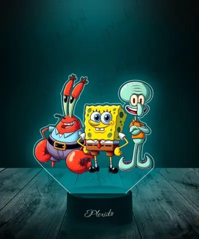 Lampka LED 3D Plexido z Nadrukiem UV Spongebob Skalmar Pan Krab