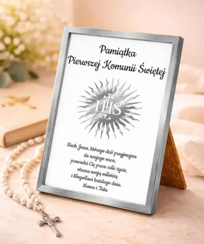 Personalizowana Srebrna Ramka na Komunię Pamiątka Prezent