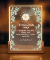 Lampka Nocna LED Na Komunie Podstawka Drewniana Pamiątka