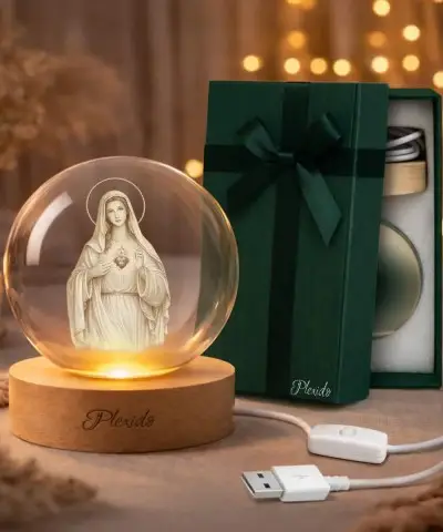 Kryształowa Kulka 3D Matka Boska Maryja Drewniana Podstawa LED