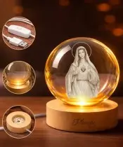 Kryształowa Kulka 3D Matka Boska Maryja Drewniana Podstawa LED