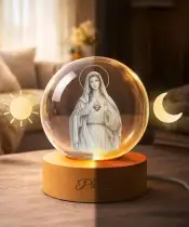 Kryształowa Kulka 3D Matka Boska Maryja Drewniana Podstawa LED