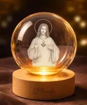 Kryształowa Kulka 3D Jezus Drewniana Podstawa LED