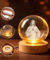 Kryształowa Kulka 3D Jezus Drewniana Podstawa LED