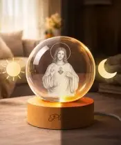 Kryształowa Kulka 3D Jezus Drewniana Podstawa LED