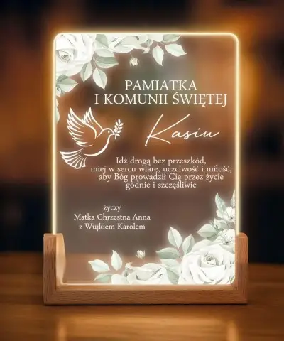 Pamiątka Pierwszej Komunii Świętej Drewniana Ramka LED Roże