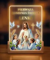 Pamiątka Pierwszej Komunii Świętej Drewniana Ramka LED Jezus z Dziećmi