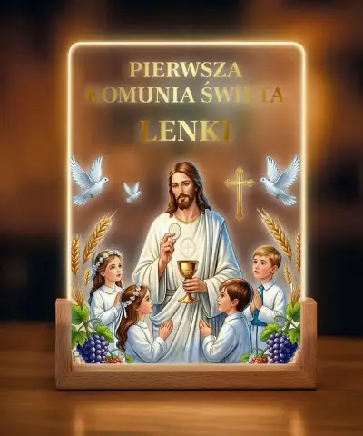 Pamiątka Pierwszej Komunii Świętej Drewniana Ramka LED Jezus z Dziećmi