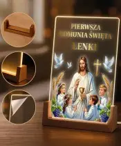 Pamiątka Pierwszej Komunii Świętej Drewniana Ramka LED Jezus z Dziećmi