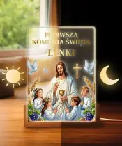 Pamiątka Pierwszej Komunii Świętej Drewniana Ramka LED Jezus z Dziećmi