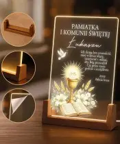 Prezent Na Pierwszą Komunię Świętą Drewniana Ramka LED Kielich IHS