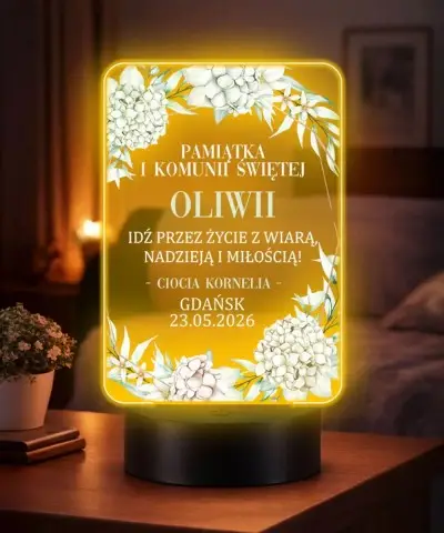 Lampka LED Plexido Pamiątka Pierwszej Komunii Świętej Białe Kwiaty