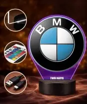 Lampka LED 3D BMW Logo Personalizowana z Imieniem Napisem RGB Pilot Prezent dla Kierowcy