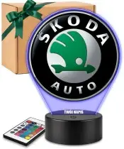 Lampka LED 3D Skoda Logo Personalizowana z Imieniem Napisem RGB Pilot Prezent dla Kierowcy